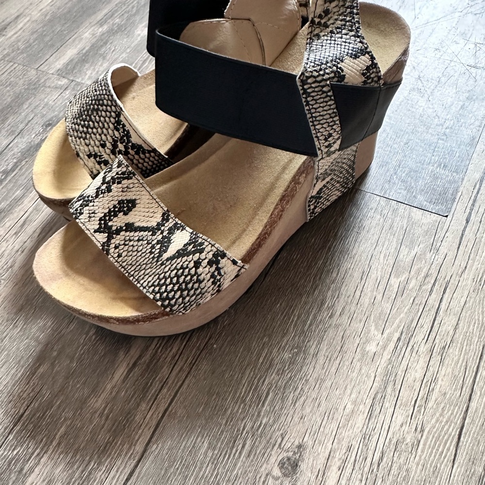 Snakeskin Wedge Sandals with Black Straps